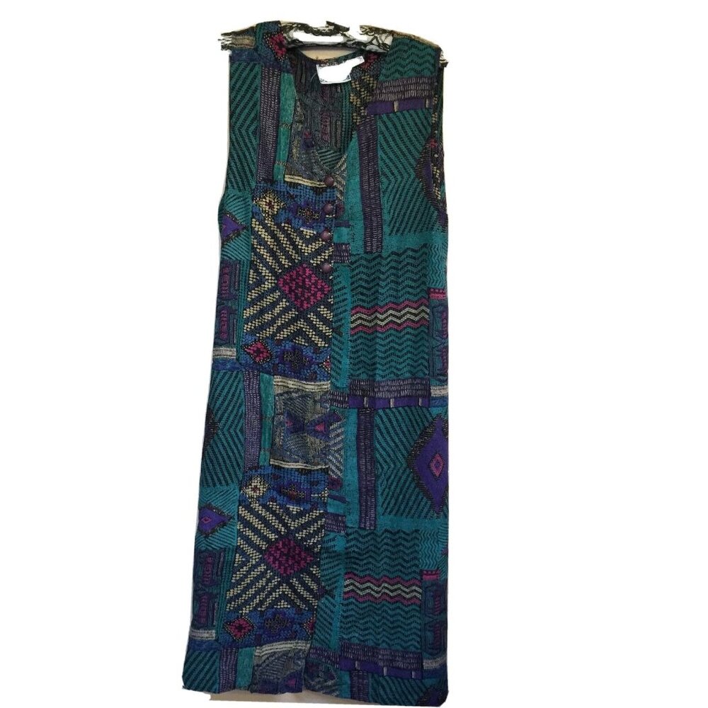 New Options by Kate Geddes Button Front Tribal Print Long Maxi Vest Medium Green